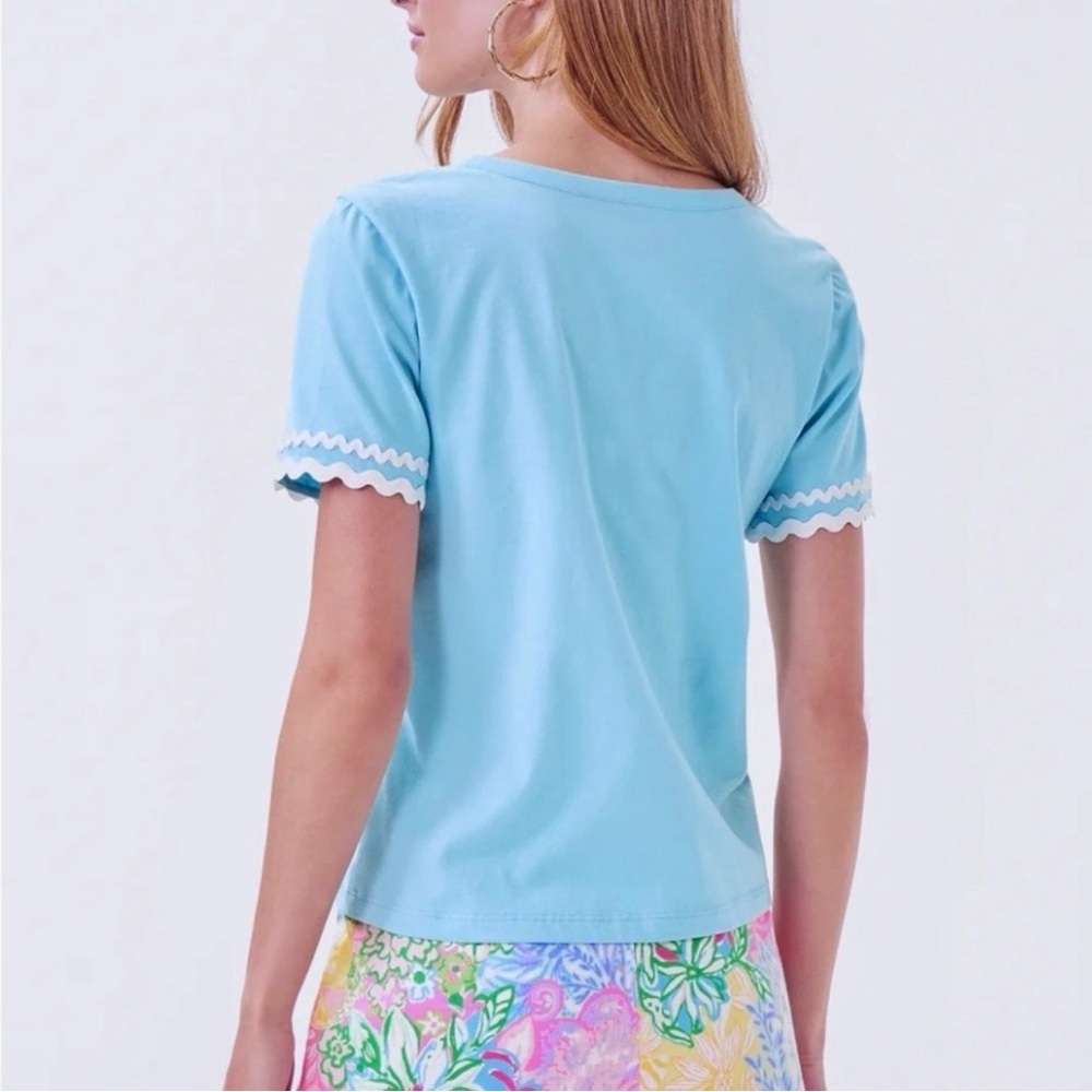 NWOT- Lilly Pulitzer Fresh Water Blue Clairmont Ric Rac Trimmed Knit Top - Picture 2 of 7